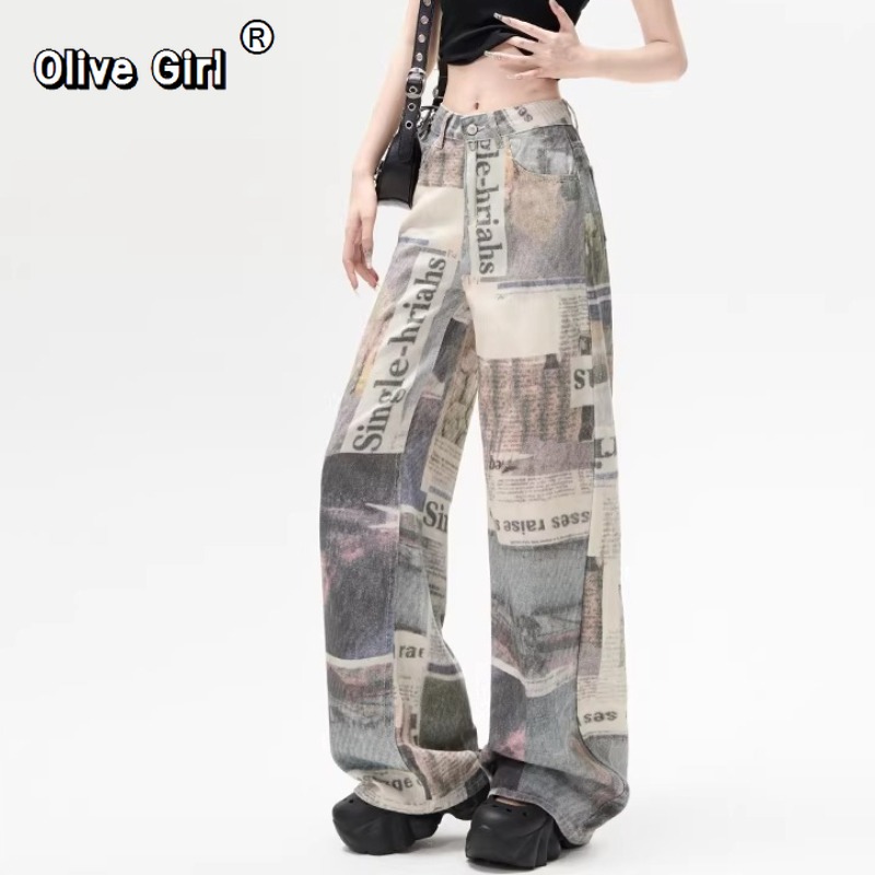 Mom Jean High Rise - Olivegirl Women's Denim Pants Print Grunge